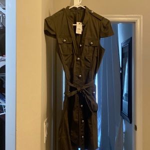 Camo green button down mini dress. Tied front. Size small. Express